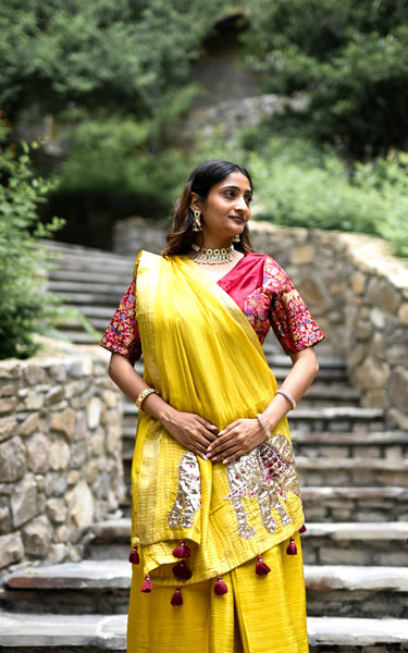 Yellow Pure Tissue Saree with Handwork Elephant Pallu
