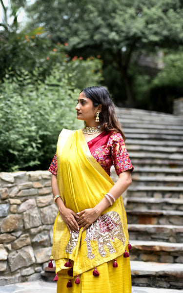Yellow Pure Tissue Saree with Handwork Elephant Pallu