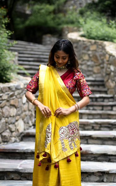 Yellow Pure Tissue Saree with Handwork Elephant Pallu