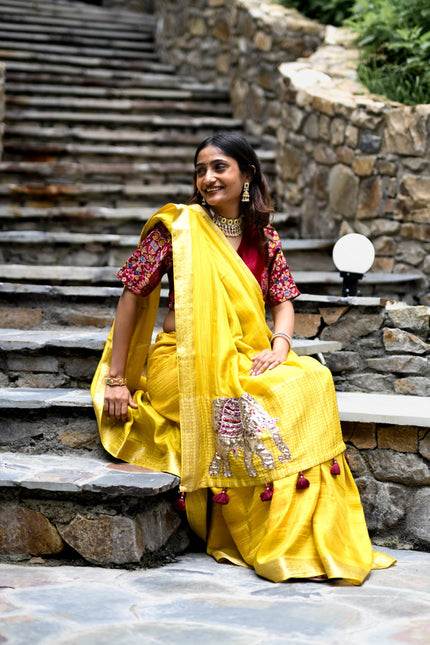 Yellow Pure Tissue Saree with Handwork Elephant Pallu
