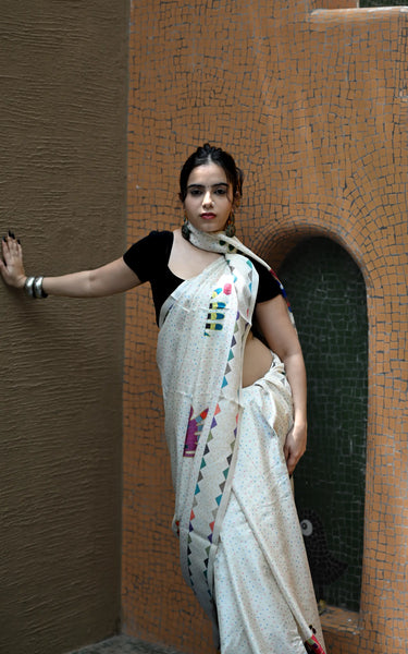 Cream Pure Tusser Saree with Elephant Print & Tassels