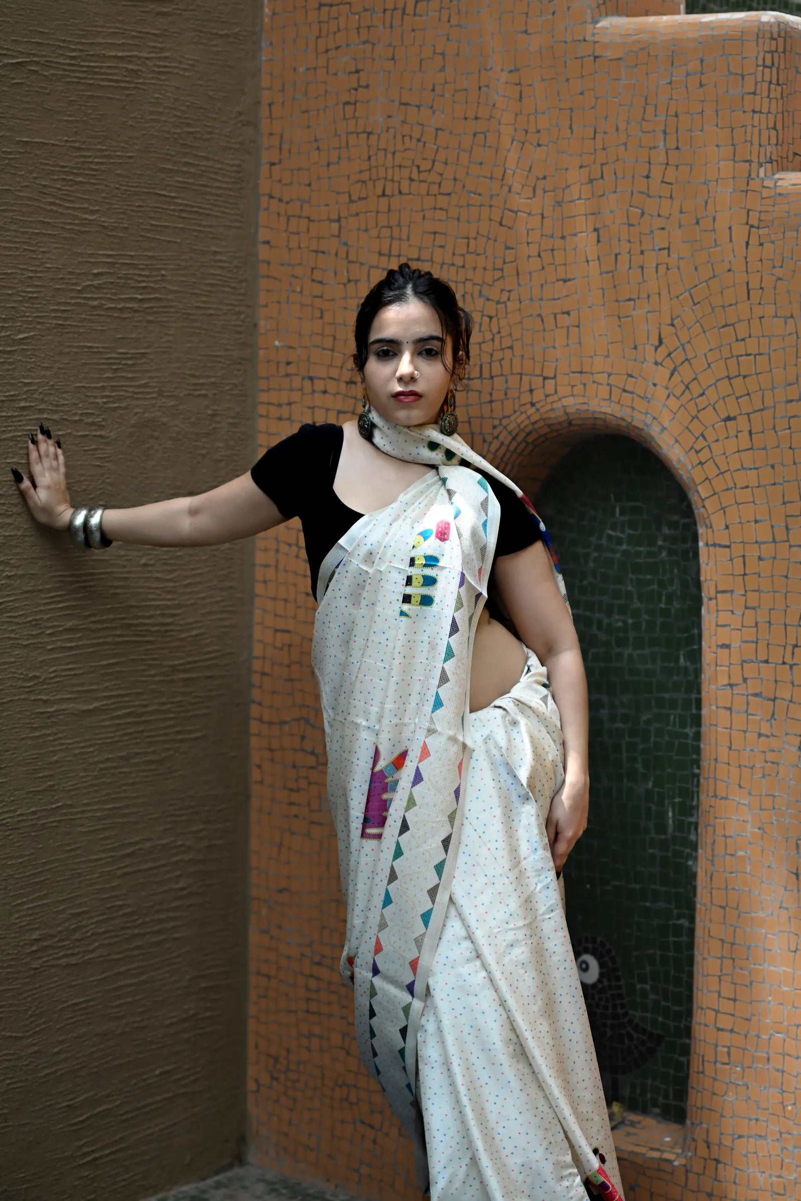Cream Pure Tusser Saree with Elephant Print & Tassels