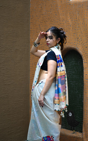 Cream Pure Tusser Saree with Elephant Print & Tassels