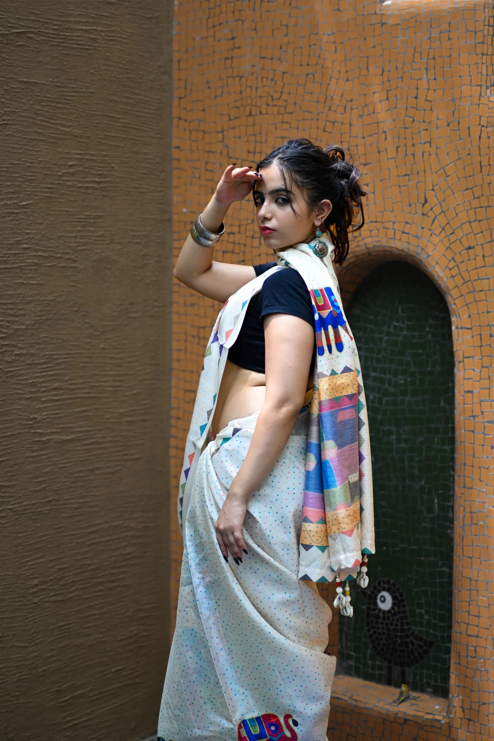 Cream Pure Tusser Saree with Elephant Print & Tassels