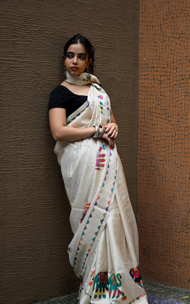 Cream Pure Tusser Saree with Elephant Print & Tassels
