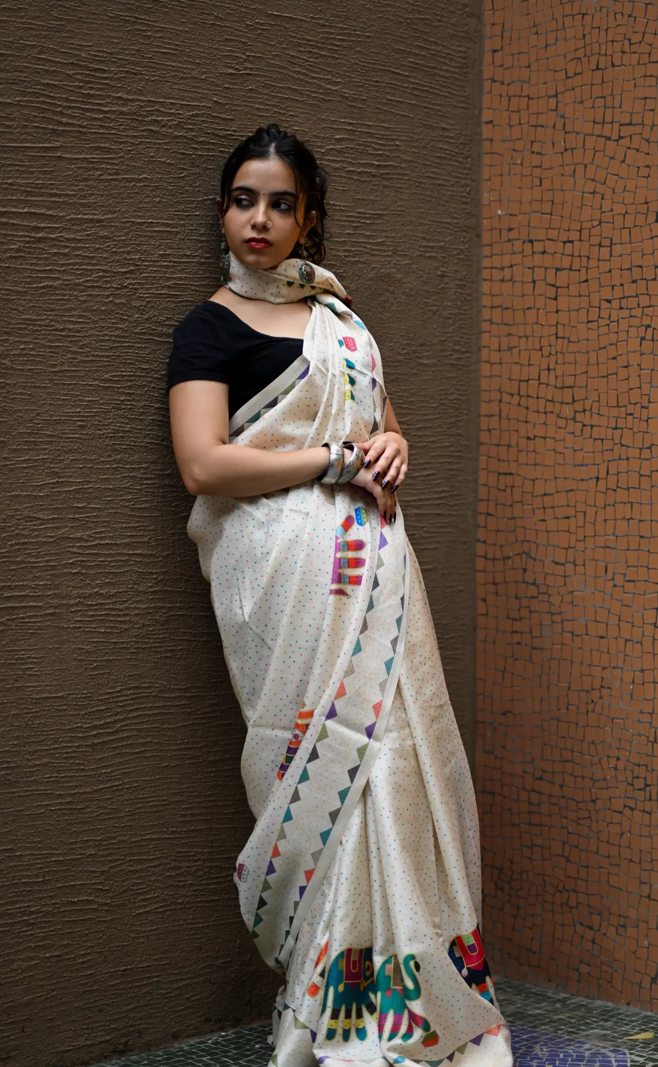 Cream Pure Tusser Saree with Elephant Print & Tassels