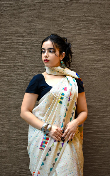 Cream Pure Tusser Saree with Elephant Print & Tassels