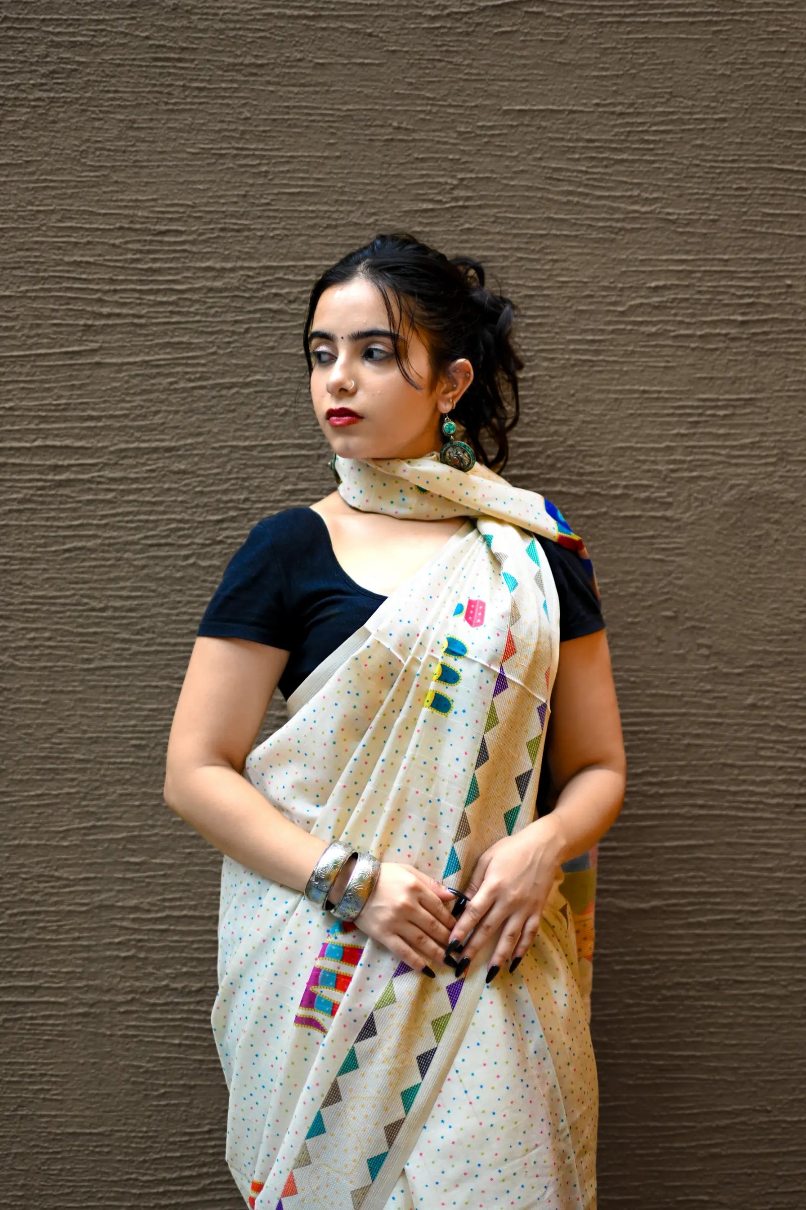 Cream Pure Tusser Saree with Elephant Print & Tassels