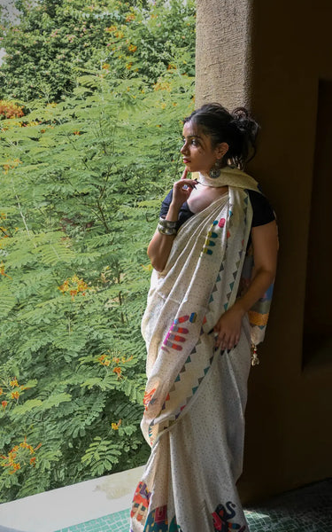 Cream Pure Tusser Saree with Elephant Print & Tassels