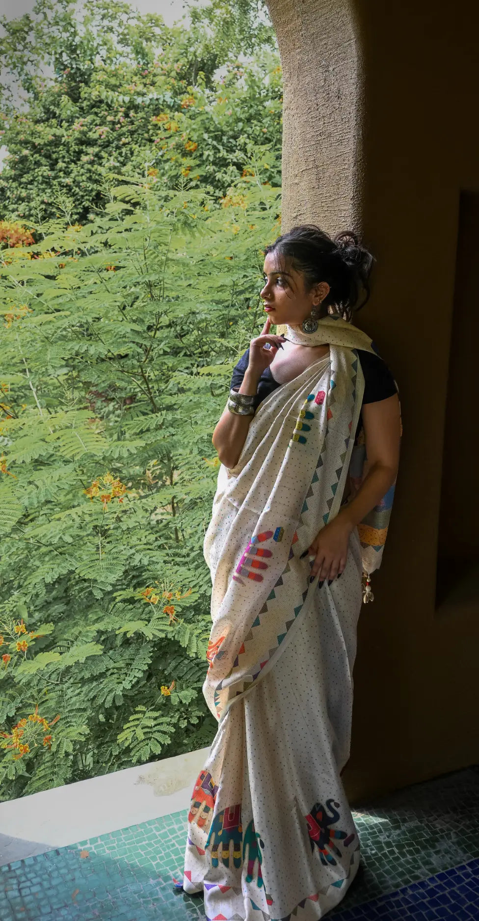 Cream Pure Tusser Saree with Elephant Print & Tassels