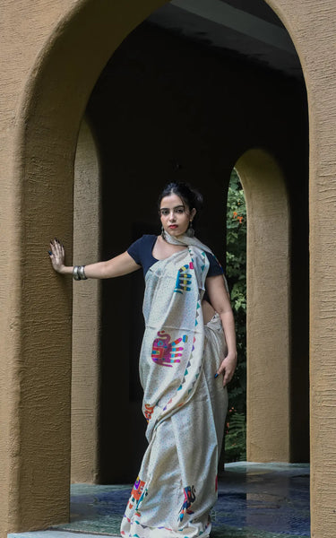 Cream Pure Tusser Saree with Elephant Print & Tassels