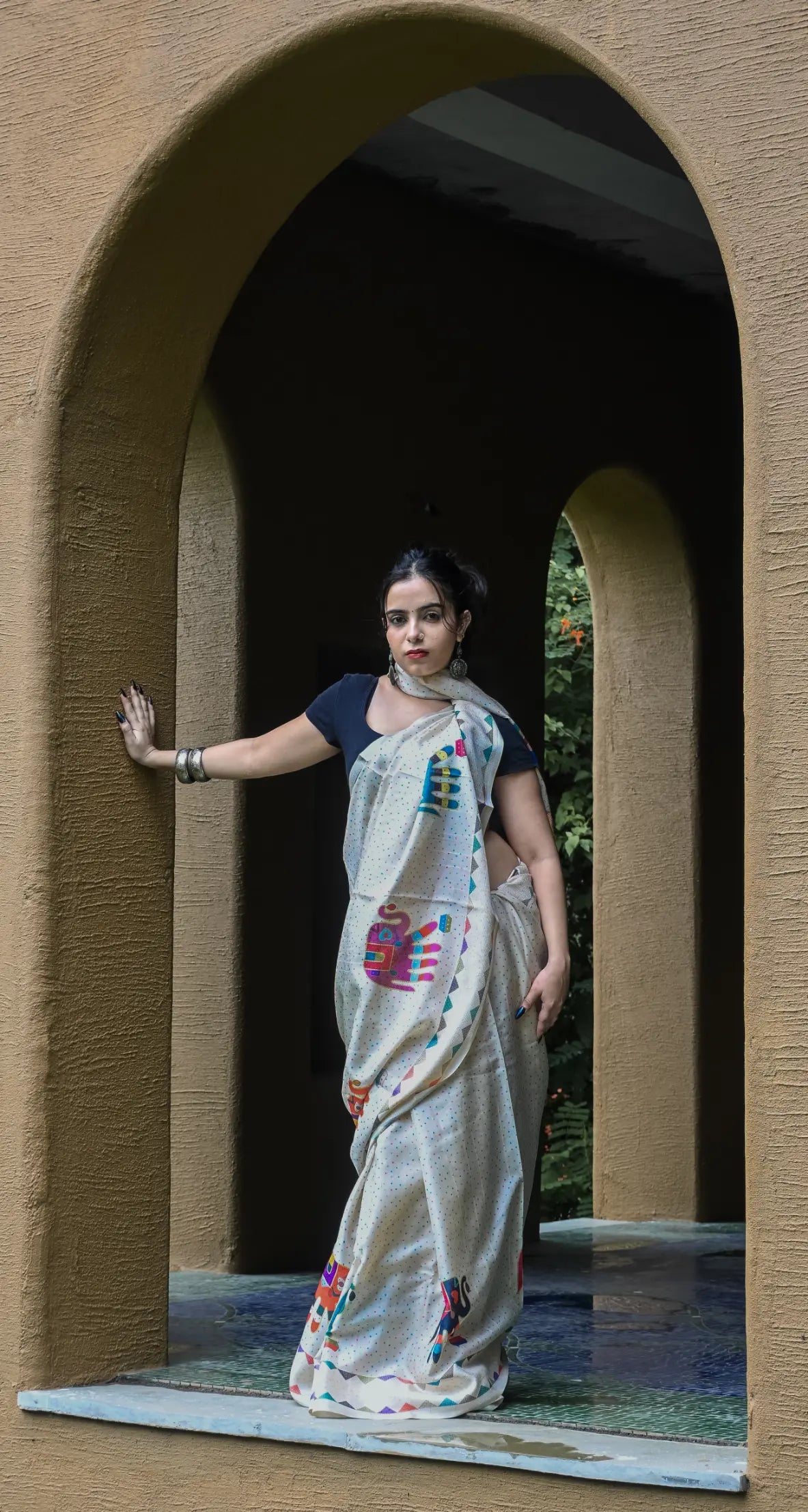 Cream Pure Tusser Saree with Elephant Print & Tassels