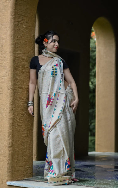 Cream Pure Tusser Saree with Elephant Print & Tassels