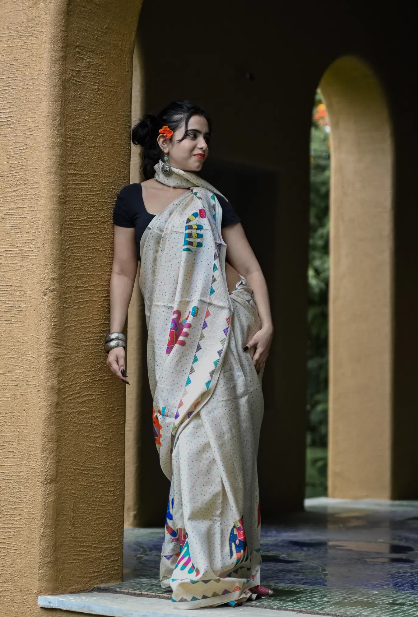 Cream Pure Tusser Saree with Elephant Print & Tassels