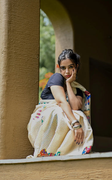 Cream Pure Tusser Saree with Elephant Print & Tassels