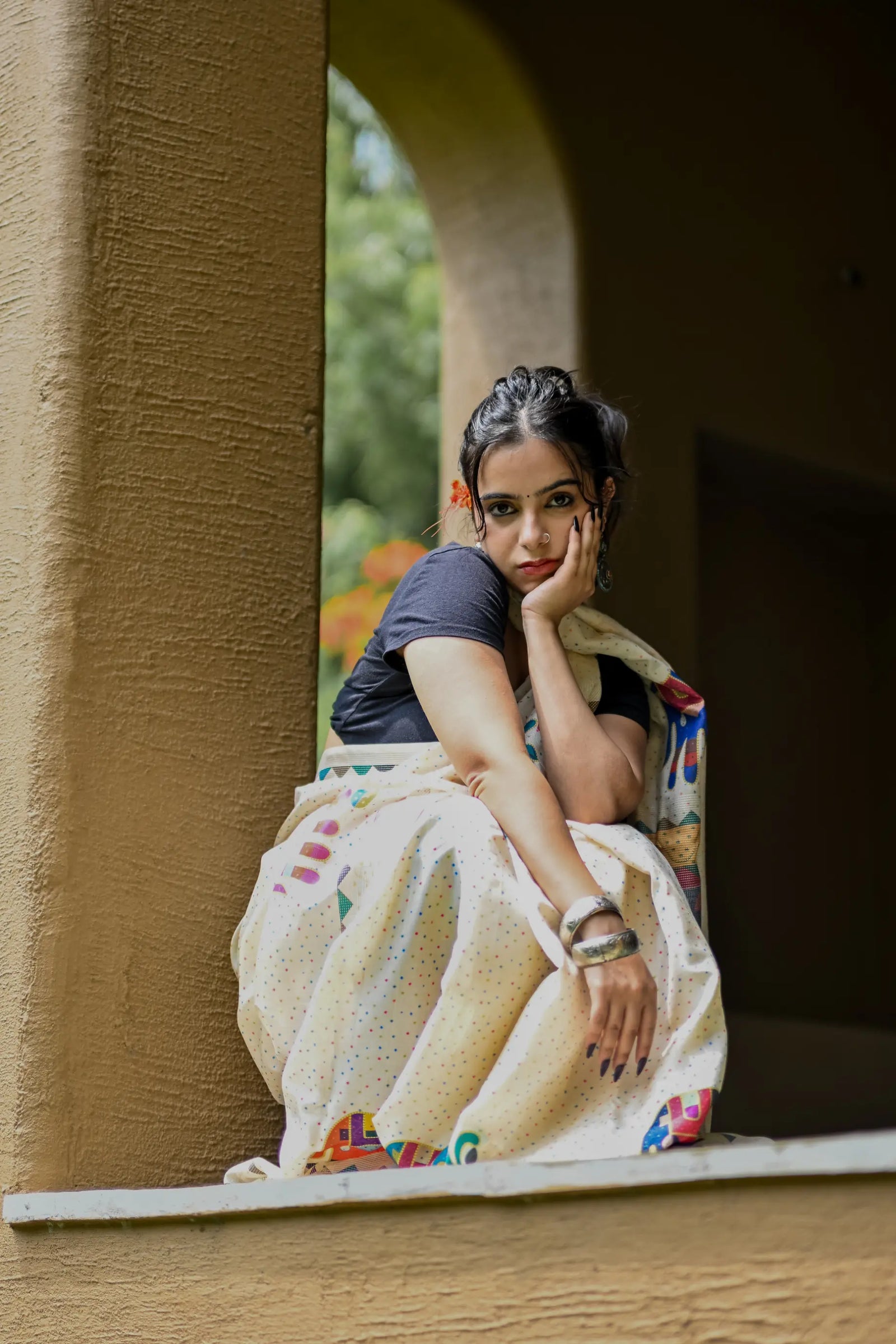 Cream Pure Tusser Saree with Elephant Print & Tassels