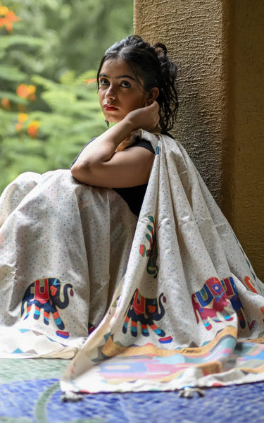 Cream Pure Tusser Saree with Elephant Print & Tassels