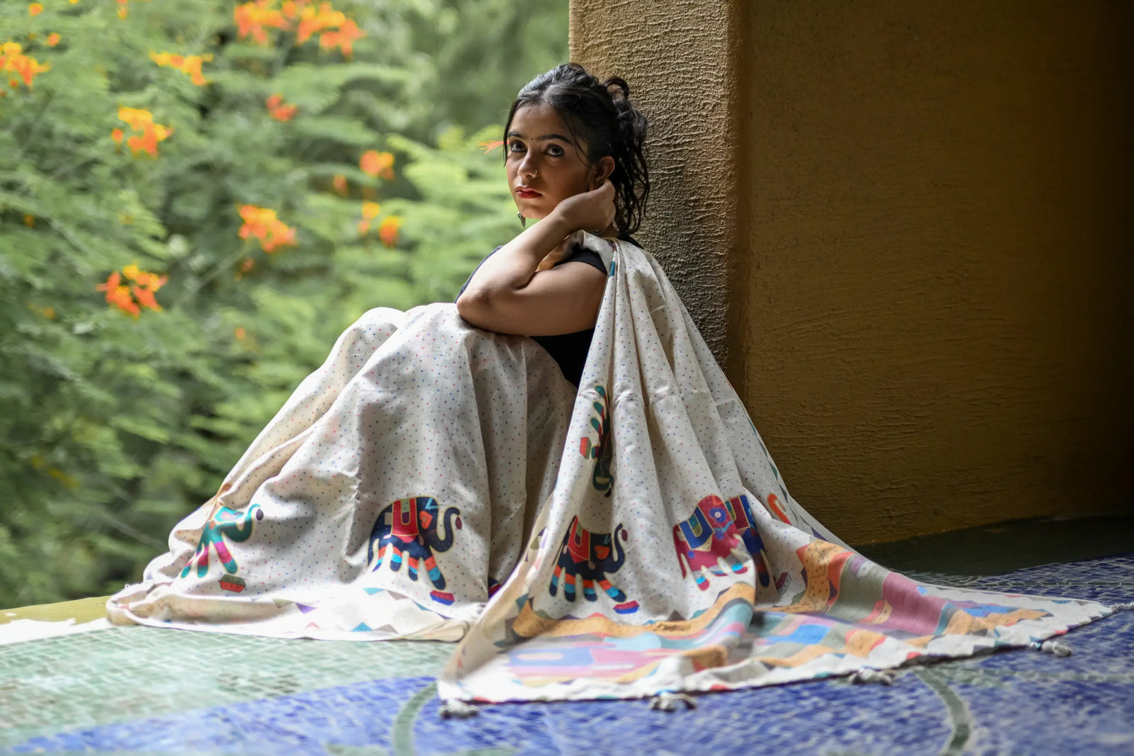 Cream Pure Tusser Saree with Elephant Print & Tassels
