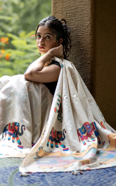 Cream Pure Tusser Saree with Elephant Print & Tassels