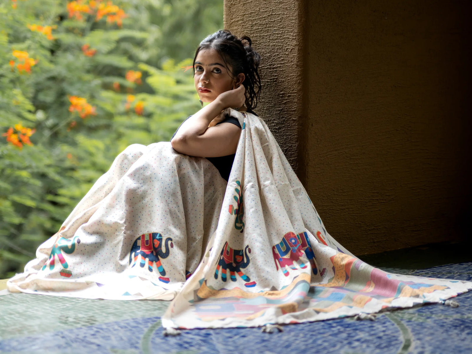 Cream Pure Tusser Saree with Elephant Print & Tassels
