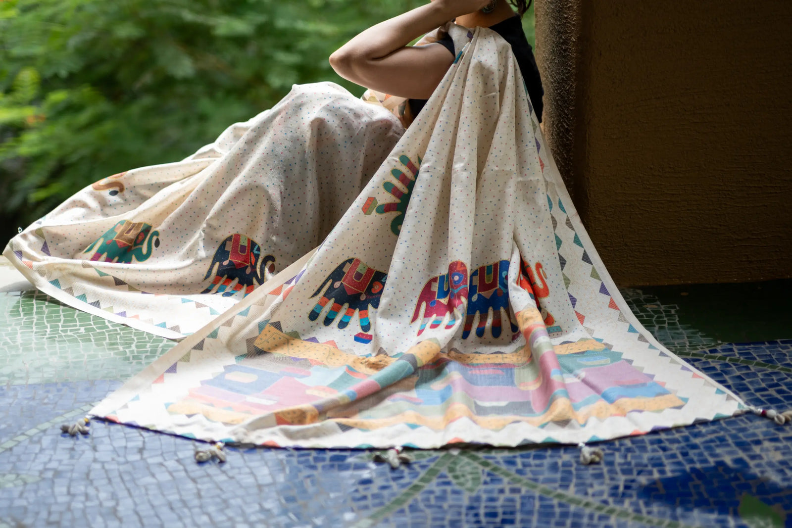 Cream Pure Tusser Saree with Elephant Print & Tassels