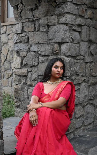 Red Handloom Cotton Saree with Fancy Zari Border