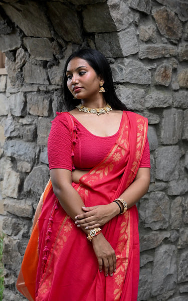 Red Handloom Cotton Saree with Fancy Zari Border
