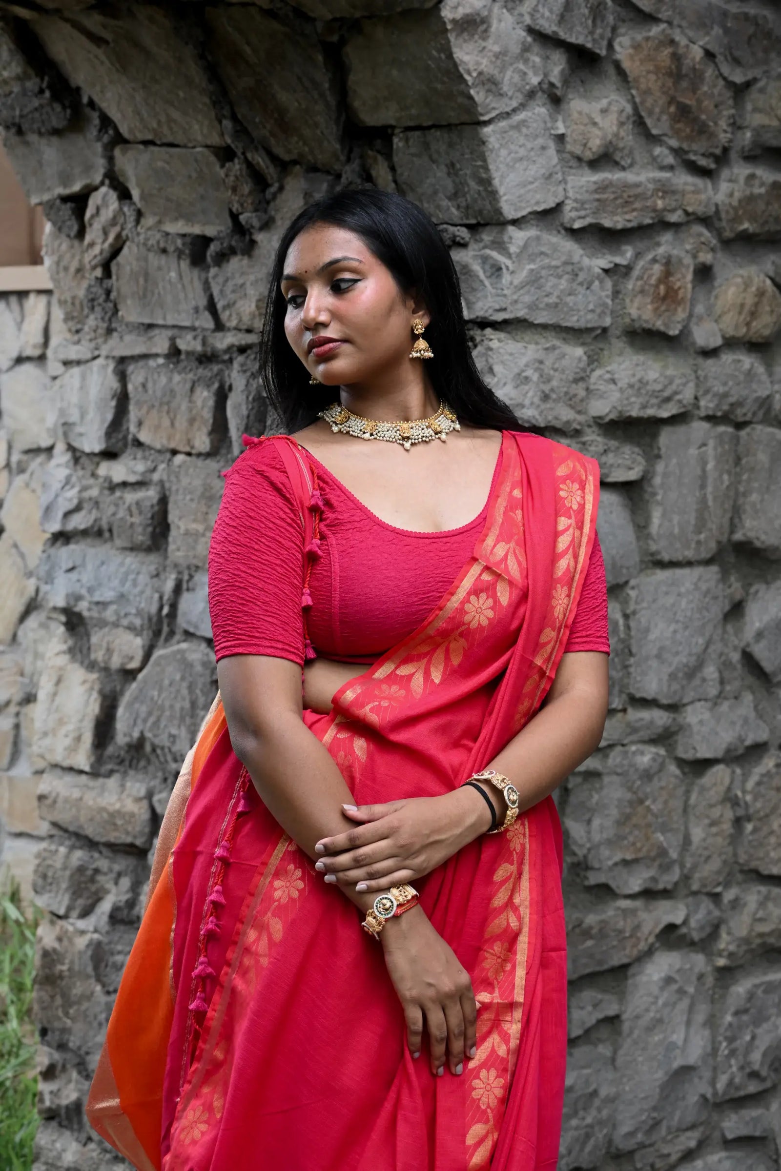 Red Handloom Cotton Saree with Fancy Zari Border