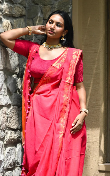 Red Handloom Cotton Saree with Fancy Zari Border
