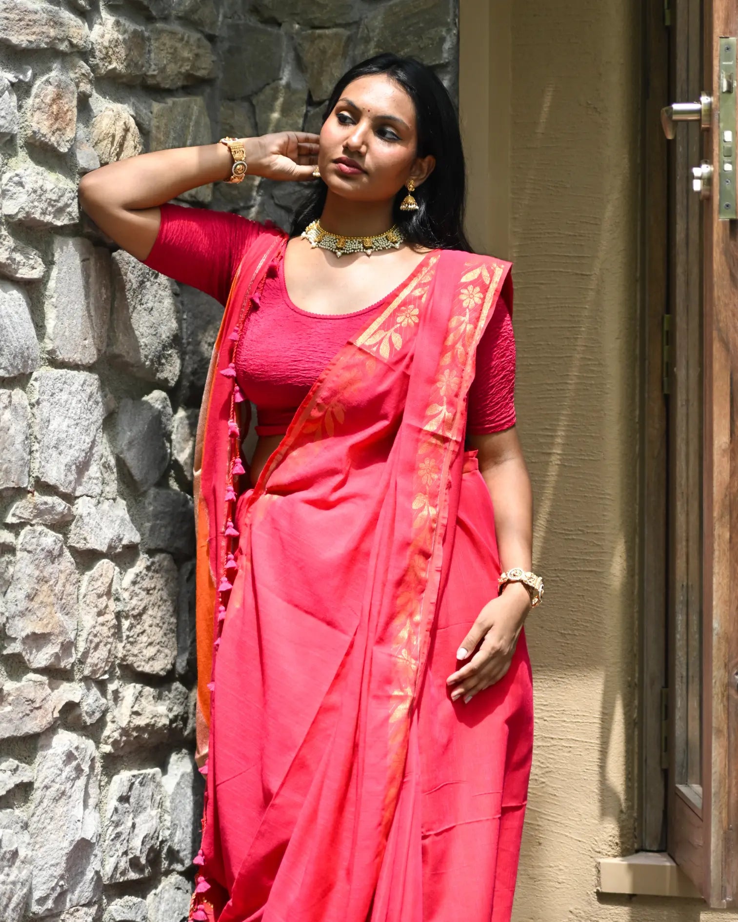 Red Handloom Cotton Saree with Fancy Zari Border