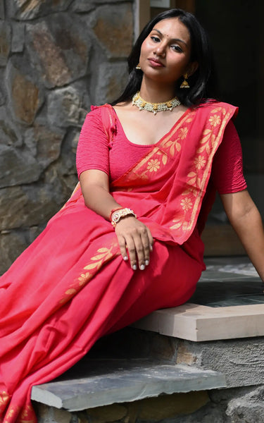 Red Handloom Cotton Saree with Fancy Zari Border