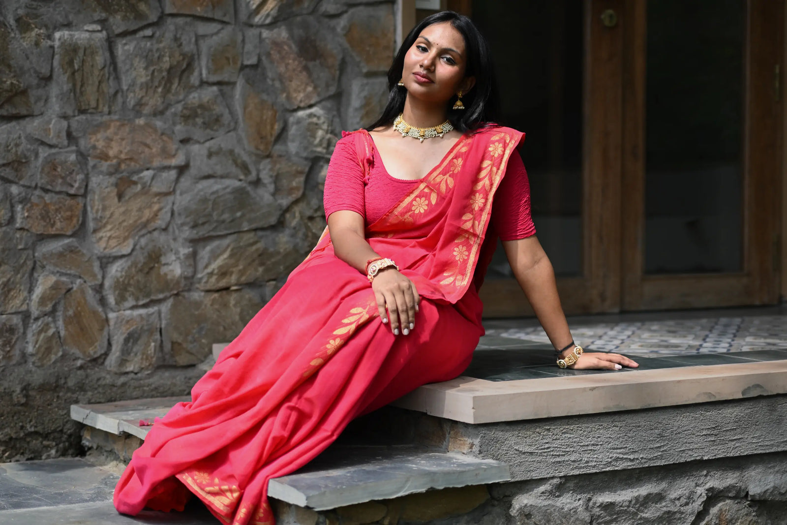 Red Handloom Cotton Saree with Fancy Zari Border