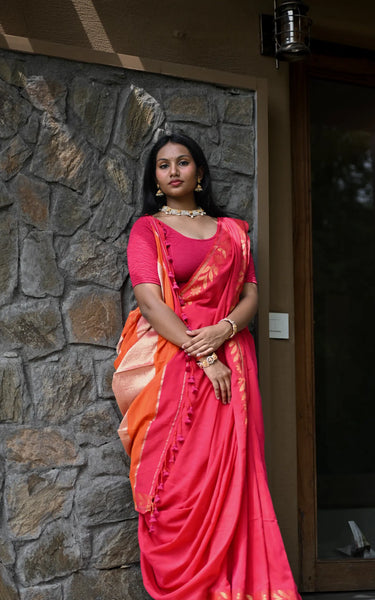 Red Handloom Cotton Saree with Fancy Zari Border