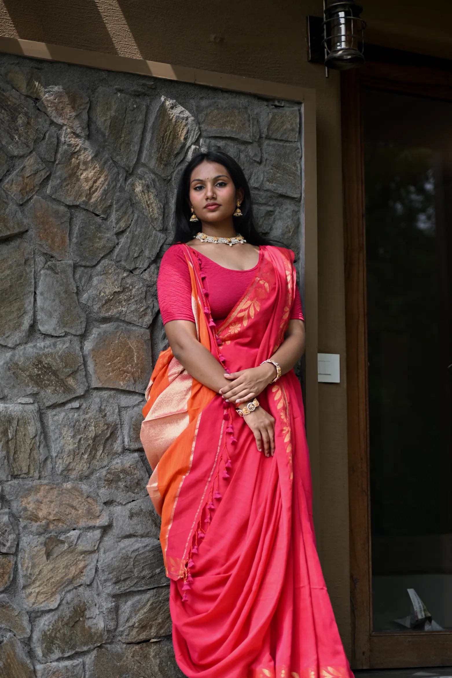 Red Handloom Cotton Saree with Fancy Zari Border