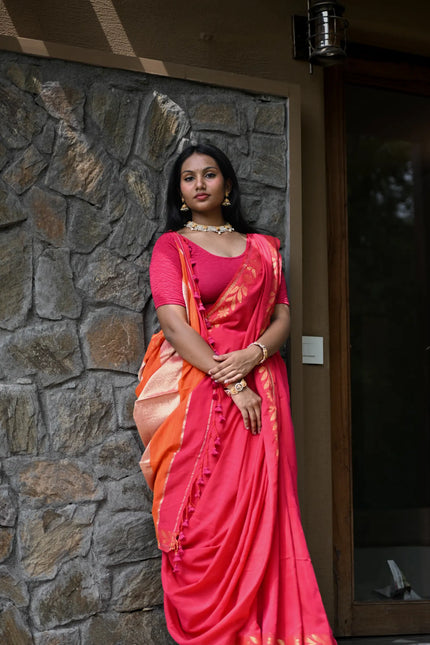 Red Handloom Cotton Saree with Fancy Zari Border