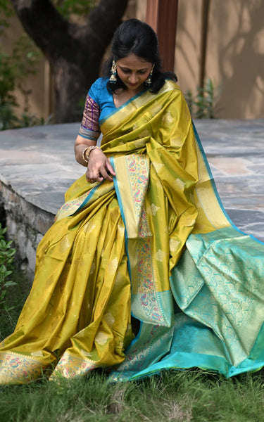 Mehendi Banarasi Silk Saree with Kalamkari Peacock Border