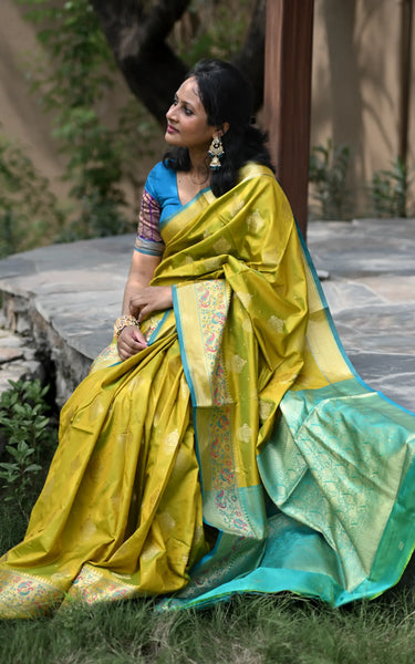 Mehendi Banarasi Silk Saree with Kalamkari Peacock Border
