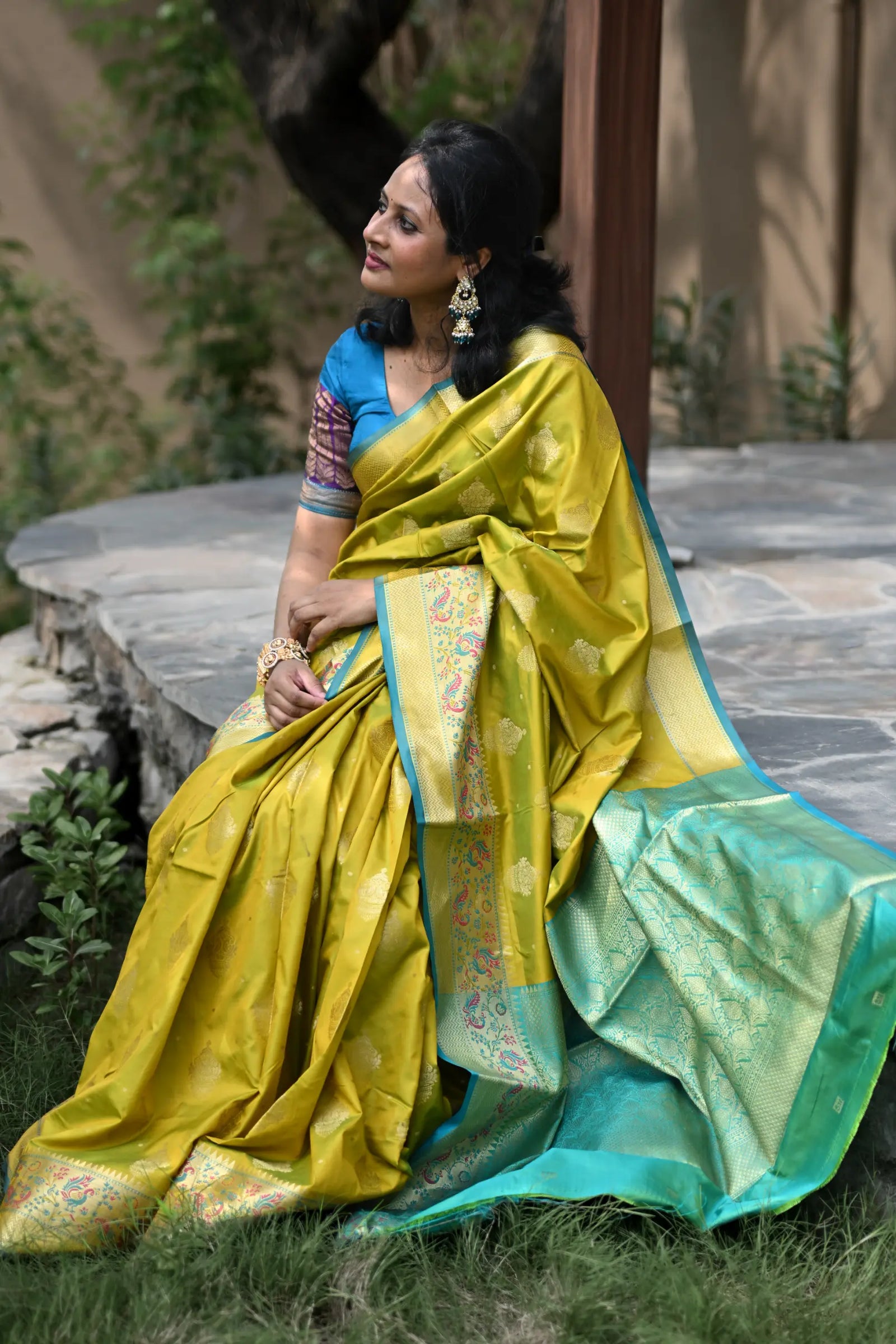 Mehendi Banarasi Silk Saree with Kalamkari Peacock Border
