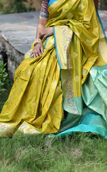Mehendi Banarasi Silk Saree with Kalamkari Peacock Border