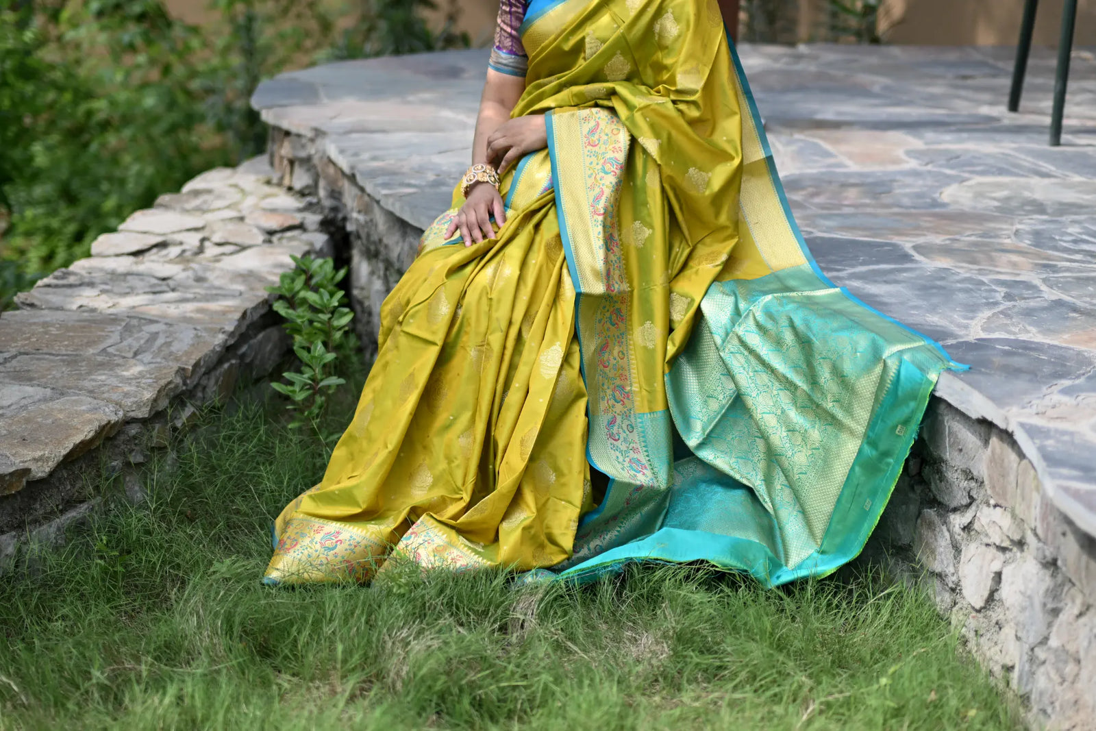 Mehendi Banarasi Silk Saree with Kalamkari Peacock Border