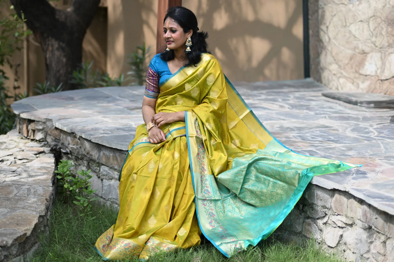 Mehendi Banarasi Silk Saree with Kalamkari Peacock Border