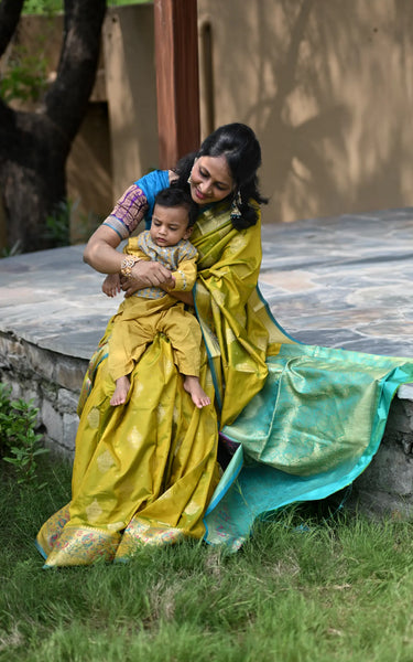Mehendi Banarasi Silk Saree with Kalamkari Peacock Border