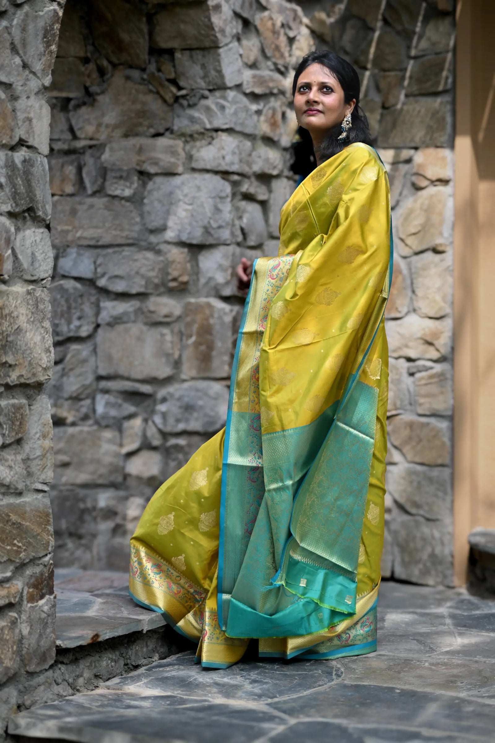Mehendi Banarasi Silk Saree with Kalamkari Peacock Border