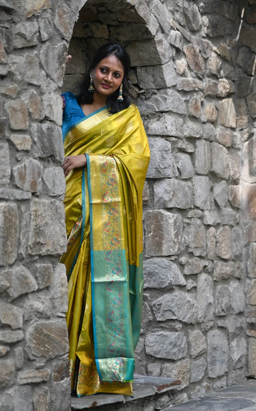 Mehendi Banarasi Silk Saree with Kalamkari Peacock Border