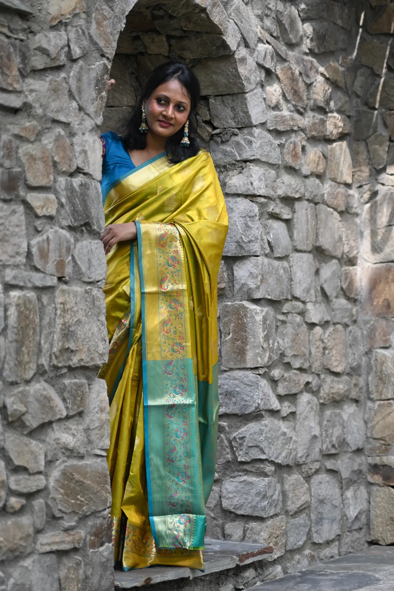 Mehendi Banarasi Silk Saree with Kalamkari Peacock Border