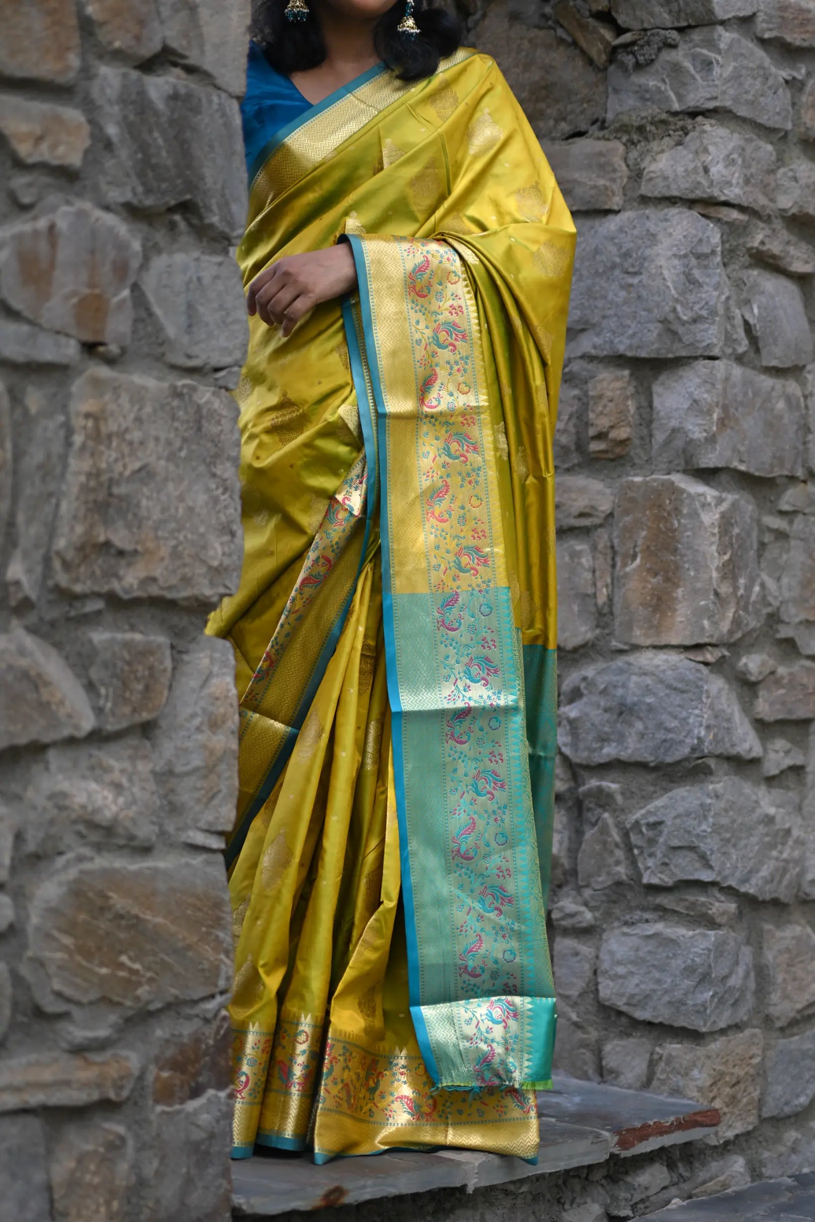 Mehendi Banarasi Silk Saree with Kalamkari Peacock Border