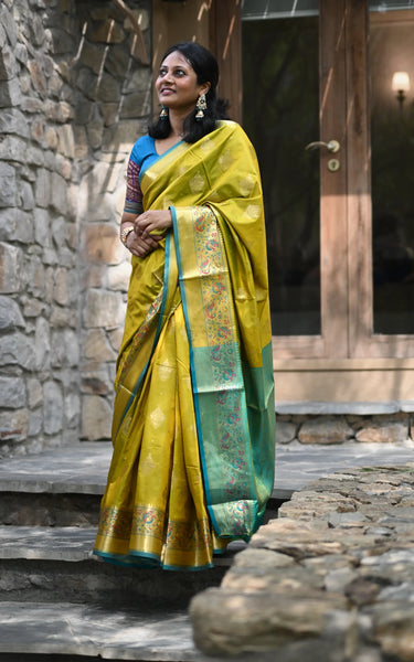 Mehendi Banarasi Silk Saree with Kalamkari Peacock Border
