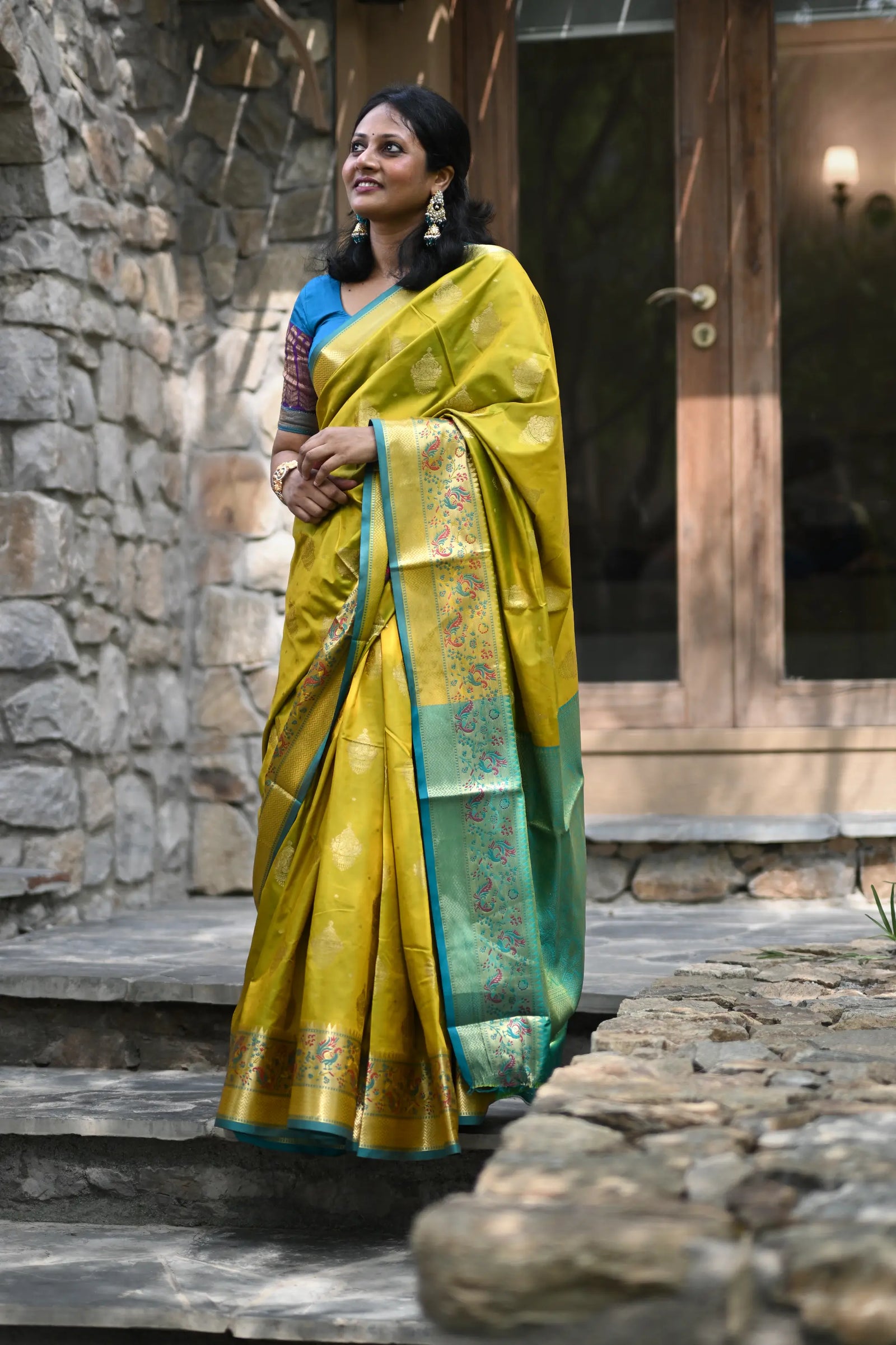 Mehendi Banarasi Silk Saree with Kalamkari Peacock Border