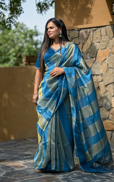 Blue Pure Tissue Saree with All-Over Zari Weaving