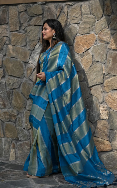 Blue Pure Tissue Saree with All-Over Zari Weaving